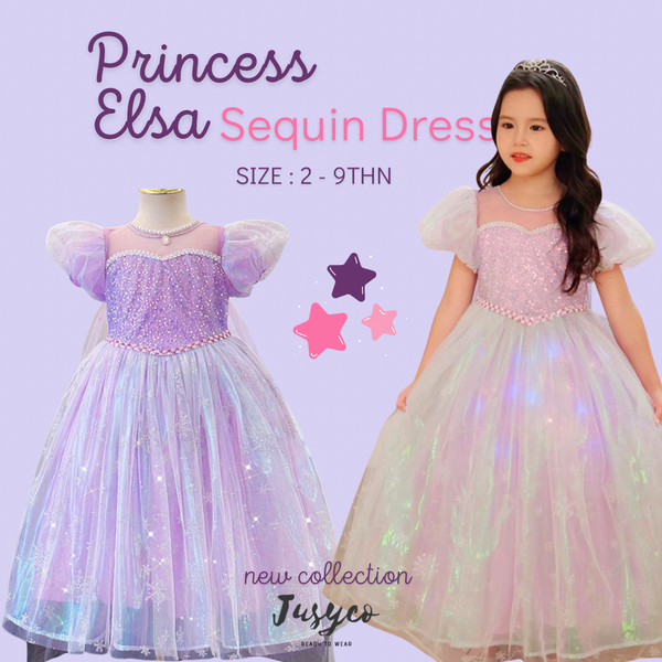 Princess Elsa Sequins Lilac Purple Dress / Dress Pesta Anak