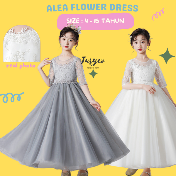 Alea Flower Embroidery Long Dress/ Dress Pesta Putih Brodir