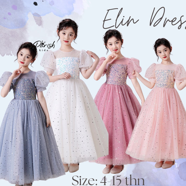 Elin White Pink Grey Party Dress/ Dress Pesta Anak Panjang